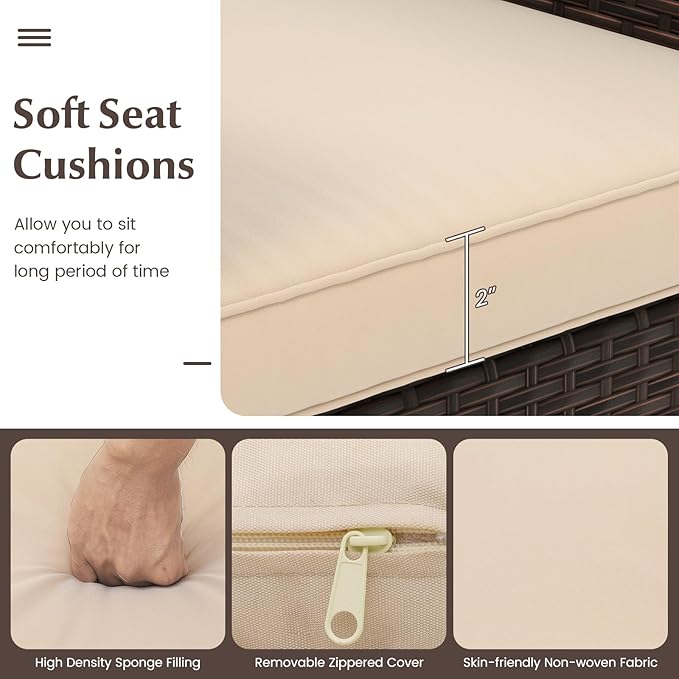 Tangkula 3 Pieces Patio Rattan Furniture Set, Outdoor Conversation Set with PE Wicker Armchairs, Tempered Glass Top Coffee Table, Soft Removable Cushions, for Porch Garden Yard Balcony (Beige)