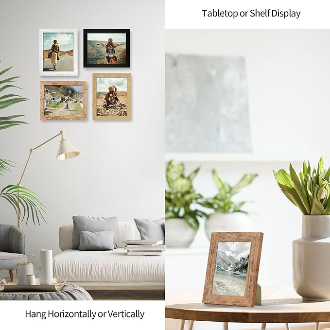 5x7 Picture Frame Set of 4, High Definition Real Glass 5 x 7 Photo Frames for Desktop Display and Wall Mounting(Distressed White+Oak+Rustic Brown+Black)