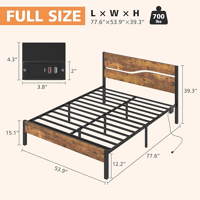 VECELO Full Size Platform Bed Frame with USB Charging Station and Wood Storage Headboard, Heavy Duty Metal, Large Storage, Noise-Free, No Box Spring Needed, Easy Assembly, Rustic Brown