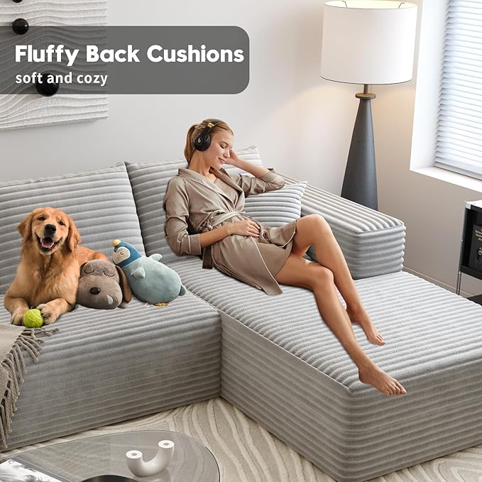 107.5" Cloud Sectional Couch with 1 Ottoman,Modern Modular Sofa with Deep Seat, Comfort U Shaped Sofa Couches for Living Room Bedroom Apartments,No Assembly Required, (Grey,Right Facing Chaise)