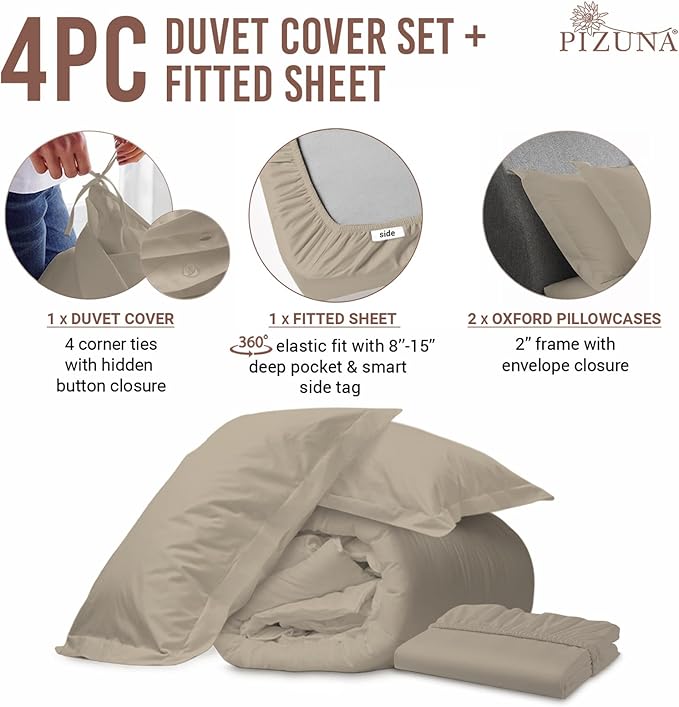 Pizuna 100% Cotton Full 3 Pc Duvet Cover + 1 Pc Fitted Sheet Set 400 Thread Count Simply Taupe Sateen Weave Luxurious Long Staple Cotton 4 Piece Bedding Set-1 Duvet Cover,2 Pillow Shams,1 Fitted Sheet