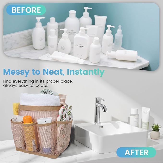 Shower Caddy for College Dorm Room Essentials for Girls with 9 Pockets,Large-Capacity Shower Basket,Quick Dry Toiletry Tote Bag for Women,Outdoor Gym,Travel,Swim,Beach Camping Essentials-Brown