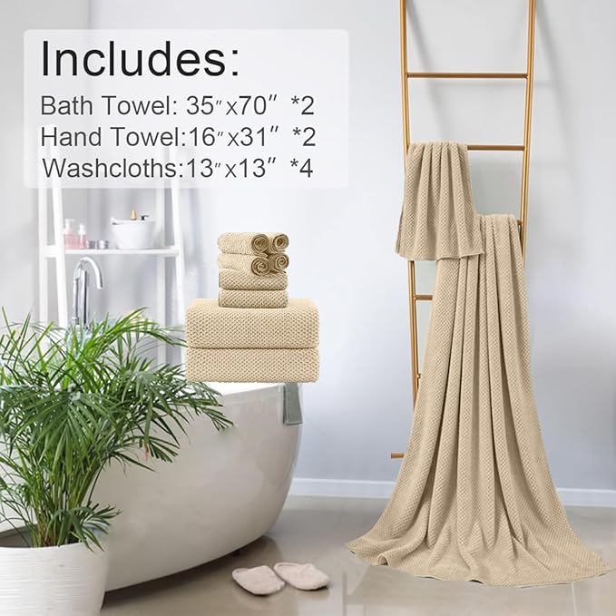 8-Piece Beige Bath Towels Set,2 Oversized Large Bath Towels Sheet,2 Hand Towels and 4 Washcloths - 600 GSM Soft Luxury Towel Set,Highly Absorbent Quick Dry Towel Collection for Bathroom,Hotel and Spa