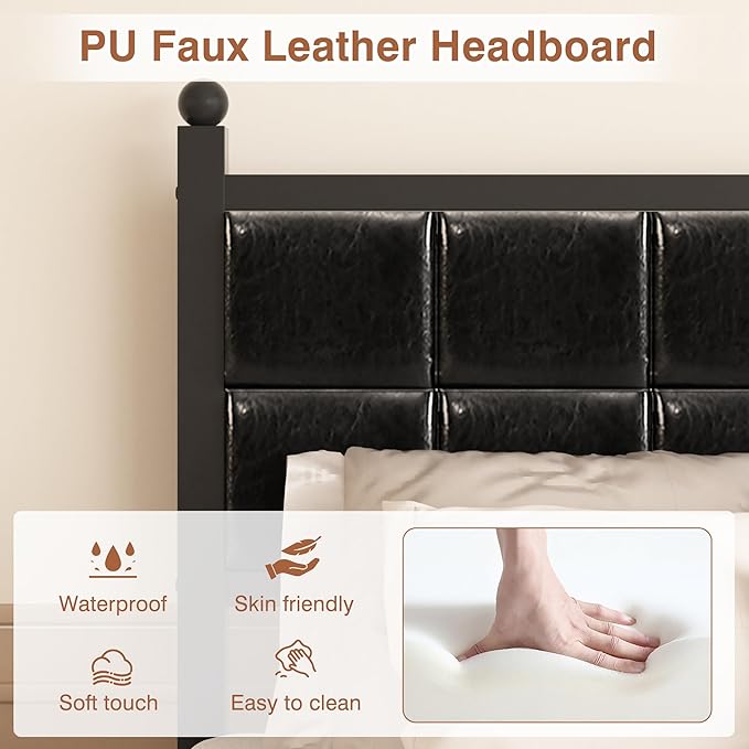 VECELO 2 Set Bed Frame Twin Size, Faux PU Leather Platform Beds with Upholstered Headboard and Footboard, Strong Slats Support, 12" Underbed Storage, Noise-Free, No Boxing Spring Needed, PU Black