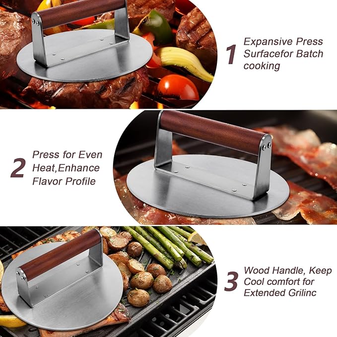 Stainless Steel Burger Press, 8.5" NonStick Hamburger Smasher Tool & Grill Press, 2.5 lbs Heavy Duty Bacon with Wood Handle for Blackstone Camp Chef Pitboss Weber Griddle Grills(Round)