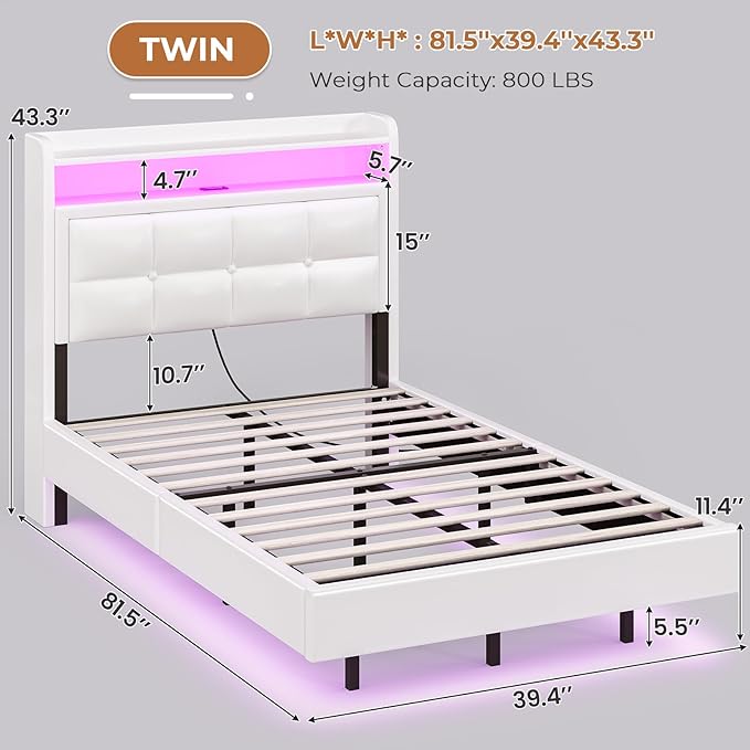 Twin Size Floating Bed Frame with Tufted Storage Headboard, LED Upholstered Platform Bed with 4 Charging Ports, White Pu Leather Floating Bed, Wood Slats, No Box Spring Needed