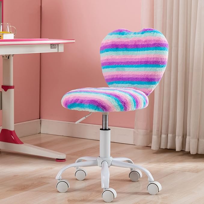 Small Desk Chair Swivel Kids Office Chair Fuzzy Student Computer Task Chair Faux Fur Vanity Chair Cute Heart Chair for Girls Boys Bedroom, Rainbow