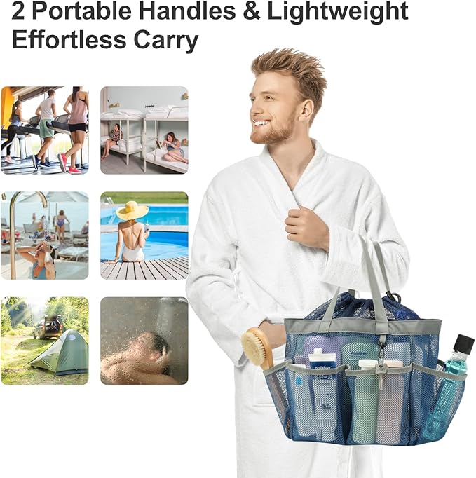 F-color Mesh Shower Caddy Portable with Drawstring - Upgrade Deeper 7 Pockets Dorm Room Essentials for Guys Girls with S Hook, Shower Bag Basket Tote for College Camping Toiletry Bathroom, Blue
