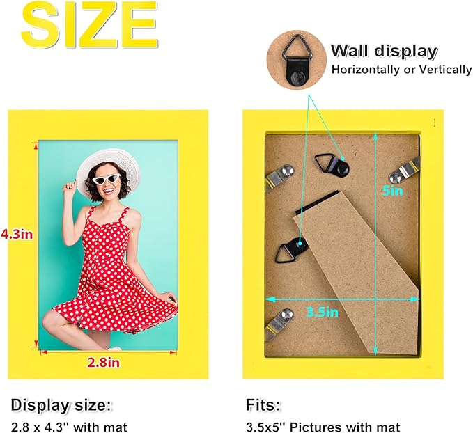 KINLINK 3.5x5 Picture Frames Yellow, Solid Wood Frames with Plexiglass for Table Top and Wall Display, Photo Frames for Horizontal or Vertical Display, 4 Pack