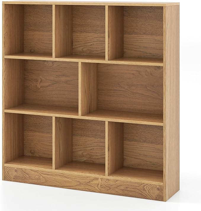 Costzon Wooden Toy Storage Organizer, 8-Cube Kids Bookshelf w/ 2 Anti-Toppling Kits, 3 Tier Open Shelves & Non-Slip Foot Pads, Book Shelf for Kids Rooms, Playroom, Classroom, Nursery (Natural)