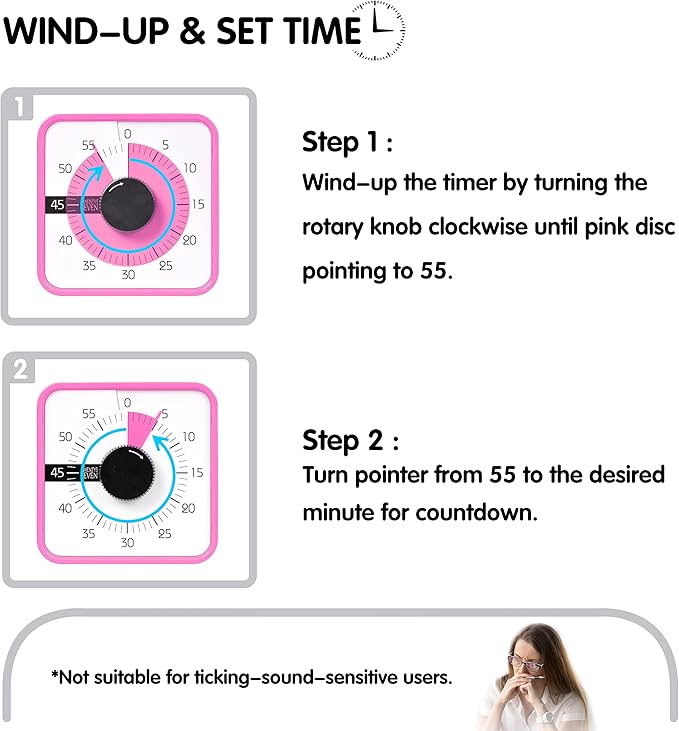 TWENTY5 SEVEN Countdown Timer 7.5 inch; 60 Minute 1 Hour Visual Timer – Classroom Teaching Tool Office Meeting, Mechanical Countdown Clock for Kids Exam Time Management Magnetic, Pink