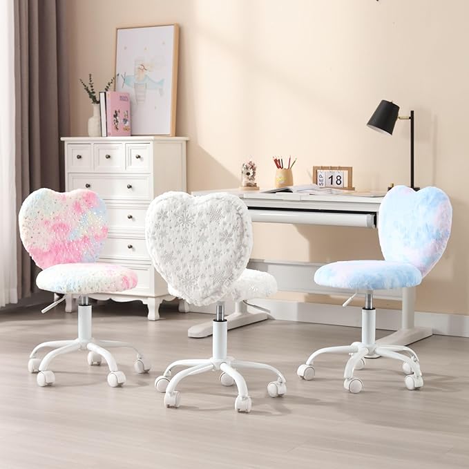 Kids Desk Chair Girls Students Study Chair Adjustable Computer Chair Furry Swivel Office Reading Chairs Child Cute Heart Back Chairs for Home/Bedroom/School/Dorm/Vanity, Blue
