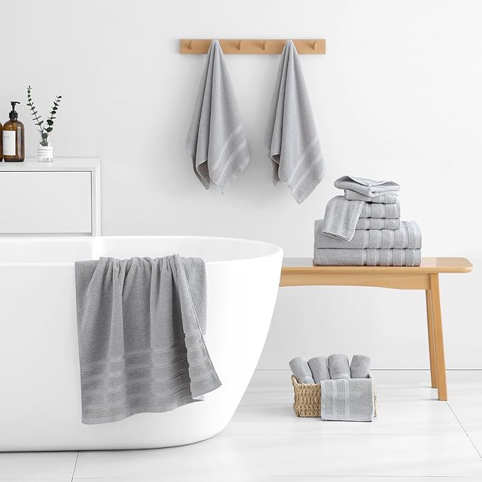 8-Piece Bath Towels Set, 100% Cotton Thick Soft Highly Absorbent Durable, Quick Dry, Bathroom Towels Set (2 Bath Towels, 2 Hand Towels, 4 Washcloths) - Perfect for Daily Use