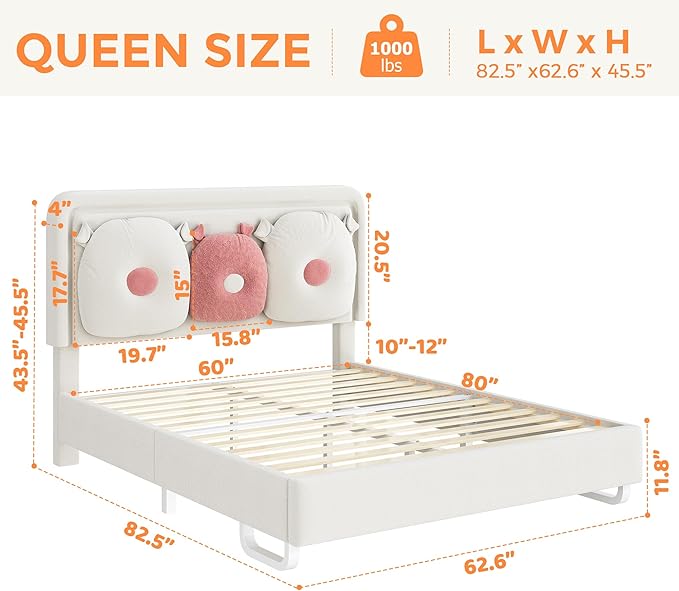 Queen Size Upholstered Bed Frame with LED Lights, Girls Bed with Adjustable Chic Double Headboard, Boucle Princess Platform Bed for Girls, Solid Wood Slats Support, No Box Spring Needed, Beige