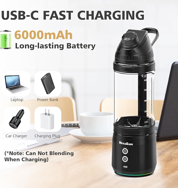 Portable Personal Blender for Smoothies, Protein Shakes, Frozen Drinks - 24Oz Blender Cup Bottle with Sip Spout, Travel Lid, USB-C Rechargeable, Cordless - Mini Small Blenders for Kitchen, Gym, Office