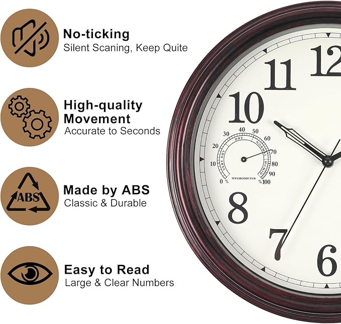 14 inch Outdoor Wall Clock, Plastic Waterproof Outdoor Clock with Temperature & Humidity, Water Resistant Wall Clocks for Patio Garden, Dark Brown