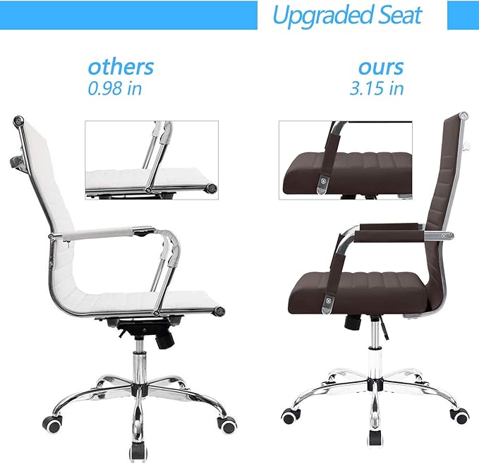 Furmax Ribbed Office Desk Chair Mid-Back PU Leather Executive Conference Task Chair Adjustable Swivel Chair with Arms (Brown)