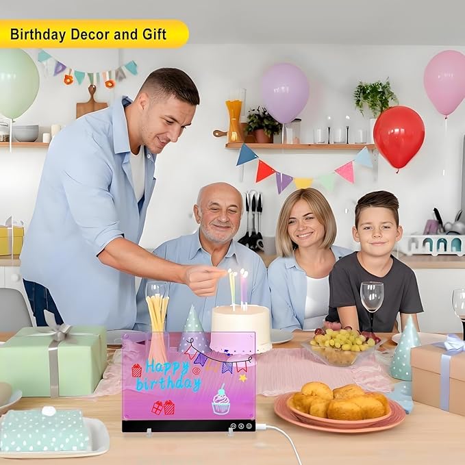 LED Magnetic Note Board with Colors, 11.8"X7.9" 4 Modes & 7 Colors Acrylic Dry Erase Board with Light, Include Hanging Chain, Led Drawing Board for Kids with Stand, Soft Cloth, 8 Markers