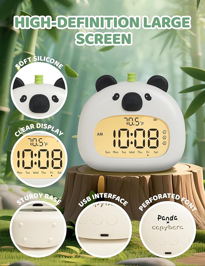 Panda Sleep Trainer Alarm Clock for Kids, LCD Night Light Dimming, USB Rechargeable, 3 Alarms Timer Wake up Helper for Boys & Girls Bedroom Decor Gifts