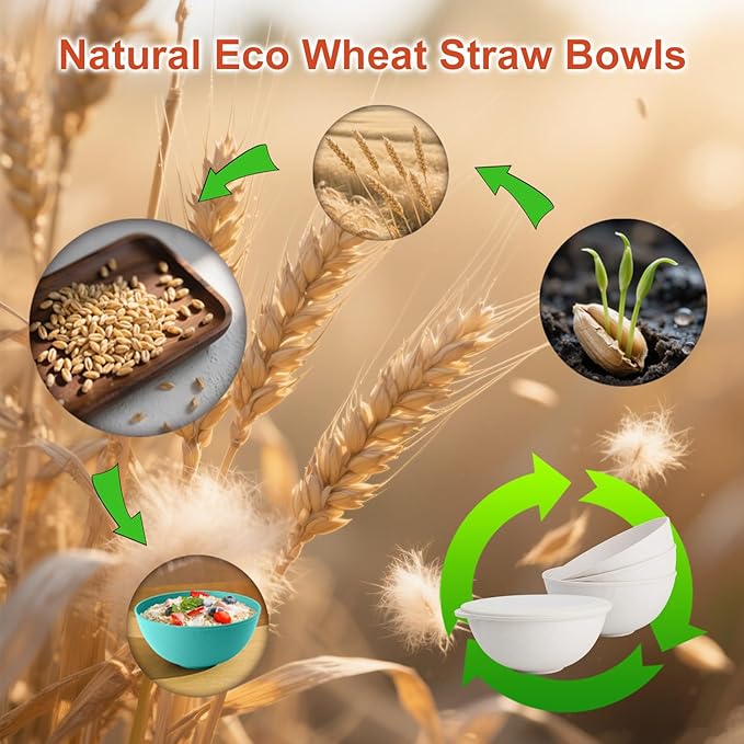 alternative plastic bowl set with lids,unbreakable wheat straw bowls 40oz suitable for indoors and outdoors,overnight foods container with cover. White