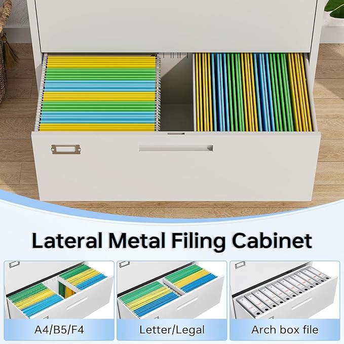 Lateral Filing Cabinet,2 Drawer File Cabinet with Lock,Office Lateral File Cabinets for Legal/Letter A4 Size,Require Assembly, White