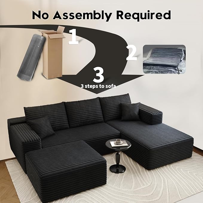 107.5" Cloud Sectional Couch with 1 Ottoman,Modern Modular Sofa with Deep Seat, Comfort U Shaped Sofa Couches for Living Room Bedroom Apartments,No Assembly Required, (Black,Right Facing Chaise)