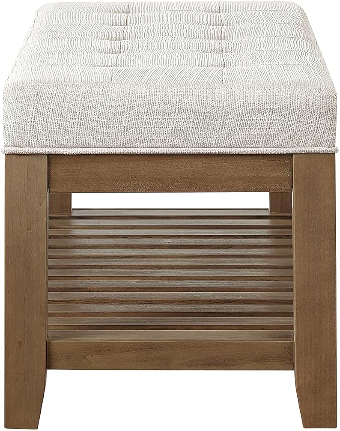 24KF Large Rectangular Upholstered Tufted Linen Ottoman Bench, Padded Bench with Solid Wood Shelf-Ivory