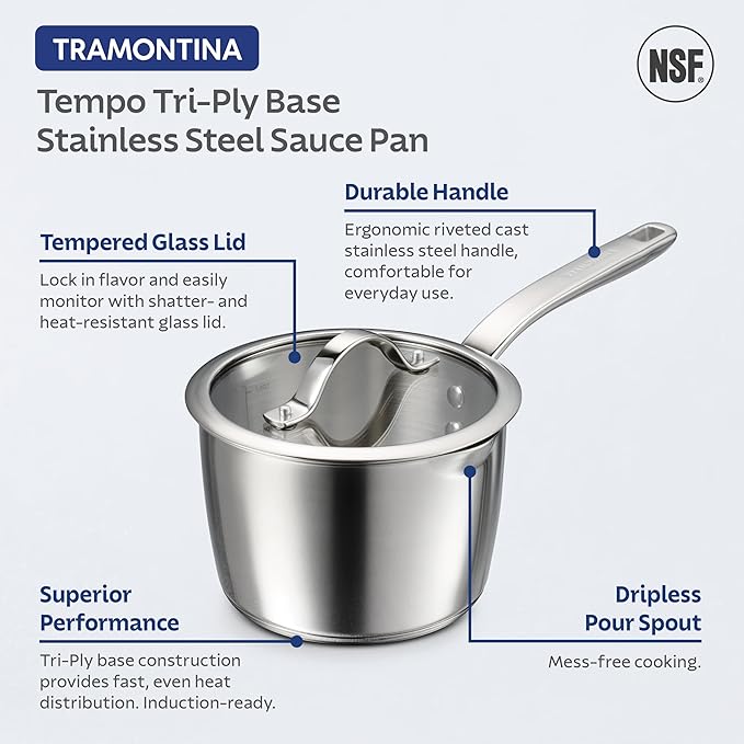 Tramontina Tempo Tri-Ply Base Stainless Steel 2-Quart Small Sauce Pan with Glass Lid, Induction-Ready Saucepan, Oven-Safe, Dishwasher-Safe