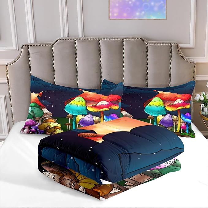 Mushroom Twin Comforter Set for Boys Cartoon Colorful Mushroom Bedding Set Night Sky Mushroom Comforter Set for Boys Bedroom All-Season Breathable Cute Mushroom Quilt with Pillowcase