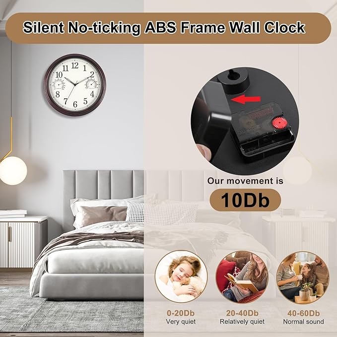 14 inch Outdoor Wall Clock, Plastic Waterproof Outdoor Clock with Temperature & Humidity, Water Resistant Wall Clocks for Patio Garden, Dark Brown