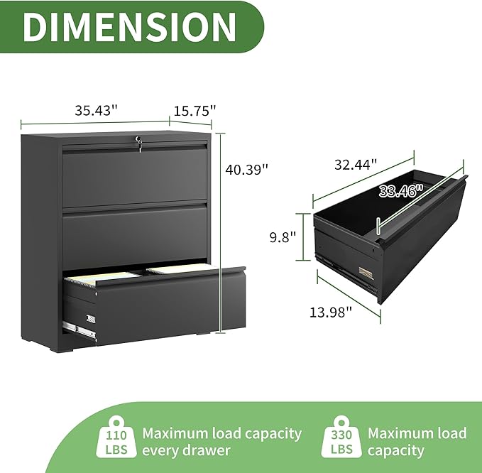 Metal Lateral File Cabinets with Lock,3 Drawer Filing Cabinets for Home Office,Storage Cabinets for Hanging Files Letter/Legal/F4/A4 (Black)