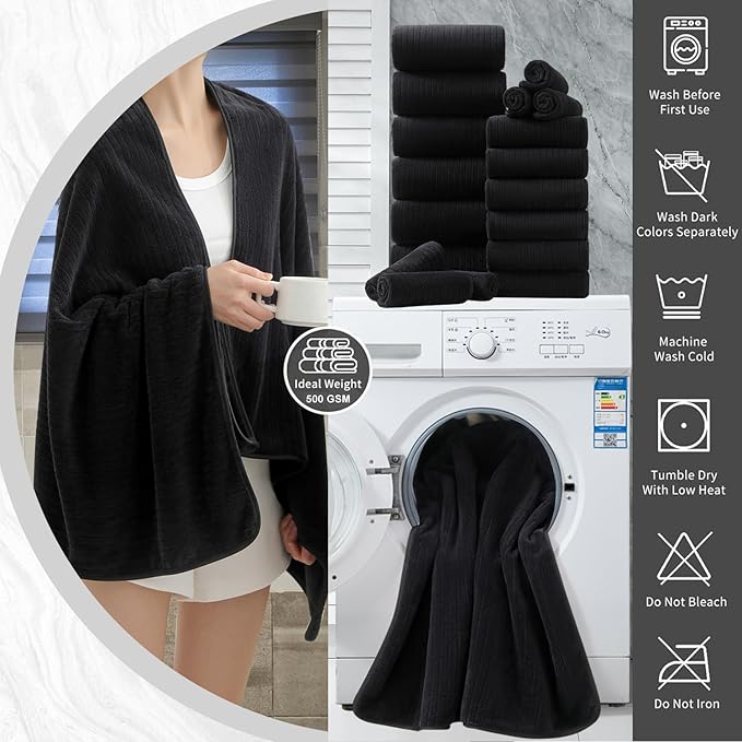 18 Piece Bath Towels Set,Super Soft Family Bathroom Towel Set with Hanging Loops-6 Bath Towels,6 Hand Towels,6 Washcloths,Highly Absorbent Quick Dry Shower Towel for Bathroom,Hotel,Spa-Black Towel Set