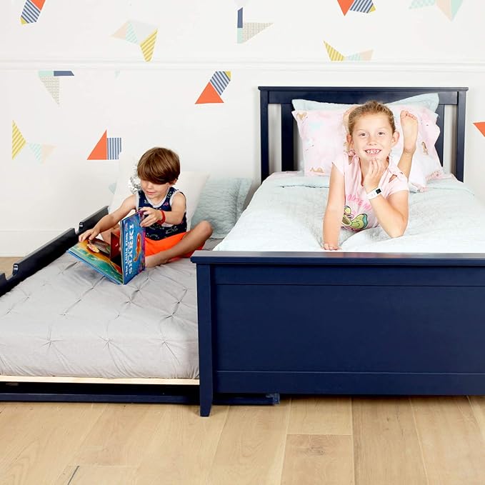 Max & Lily Twin Bed with Trundle and Nightstand, Wood Bed Frame with Headboard for Kids, Blue