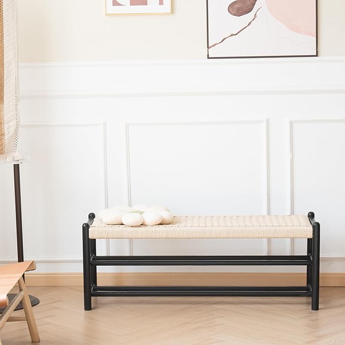 Solid Wood Entryway Bench with Shoe Storage, Rustic Oak Wood and Woven Design 39.4 Inch Long Seating for Living and Dining Rooms, 3-Tier Black