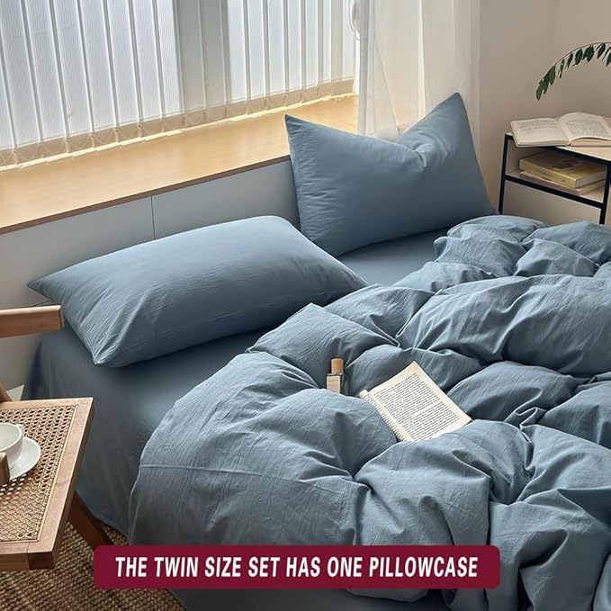 FACE TWO FACE Bedding Duvet Cover Set100% Washed Cotton Duvet Cover Linen Like Textured Breathable Durable Soft Comfy (Twin, Deep Gray Blue)