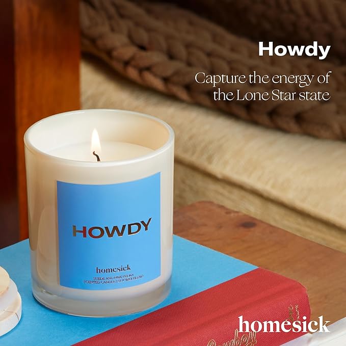 Homesick Scented Candles for Home (Howdy) - 7.5 oz Long-Lasting Natural Soy Wax Blend Jar Candle Gift for Women & Men for All Occasions, 30-35 Hours Burn Time - Notes of Pink Peony & Suede