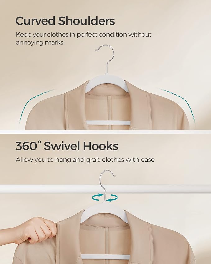 SONGMICS Velvet Hangers 60 Pack, Non-Slip Clothes Hangers, Suit Hangers with Shoulder Notches, Pants Bar, 360° Swivel Hook, Space-Saving, for Closet, Cloud White UCRF030W01