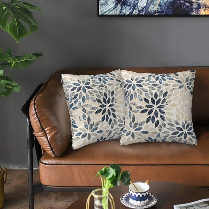 Dahlia Pillow Covers 22x22 Inch Set of 2 Summer Rust Geometric Flower Outdoor Decorative Throw Pillows Farmhouse Navy Blue Pillow Case Linen Square Cushion Cover for Home Sofa Bedroom Living Room