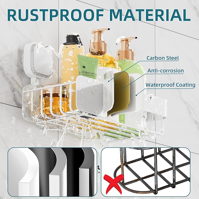 TAILI Shower Caddy Suction Cup 3 Pack, Stainless Steel Rustproof Shelves with Soap Holder Set, Drill-Free Wall Mounted Basket, Heavy Duty Removable Bathroom Organizers & Home Decor, White