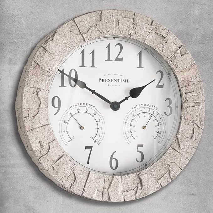Presentime & Co Sandstone Outdoor Clock with Thermometer & Hygrometer as All in one Weather Station, 14", Coastal Sandstone Finish. Weather Thermometer, Outdoor Décor, Wall Décor.