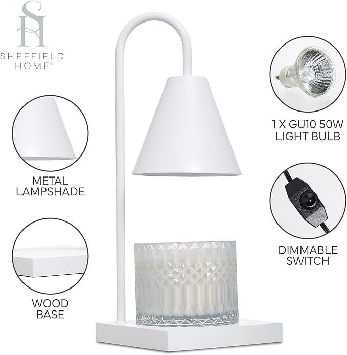 Sheffield Home Glass Candle Warmer Lamp – Elegant Candle Warmer for Long-Lasting Fragrance, Sleek Design, 13x5.5, White Iron Candle