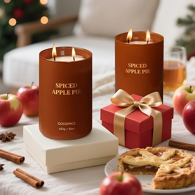 Goodpick Candle Spiced Apple Pie, Fall Candles for Home Scented, 22oz Soy Wax, Warm Cinnamon 120hrs, Cozy Baking Gift