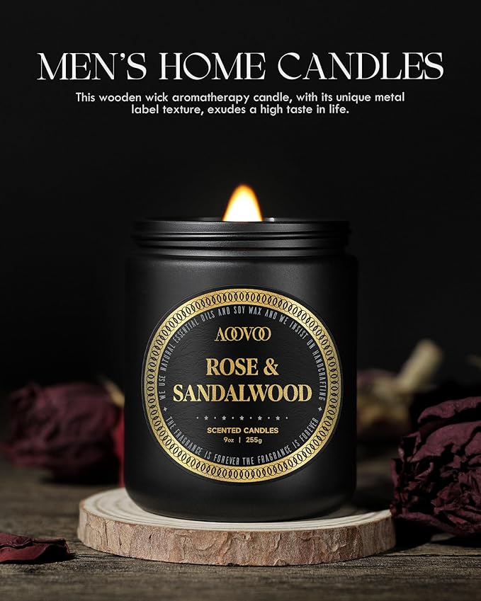 AOOVOO Scented Candles for Men - Rose & Sandalwood Candles for Home Scented | Crackling Wood Wick Soy Candle | Strong Fragranced Masculine Black Candle Gift for Women & Men, 9oz