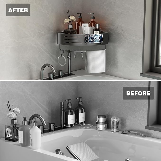 Voldra Corner Shower Caddy Suction Cup, 1 Pack Corner Shower Shelves No Drilling, Aluminum Upgrade Suction Cup Shower Organizer Corner with Towel Bar & Hooks Removable Bathroom Storage Rack(Gray)