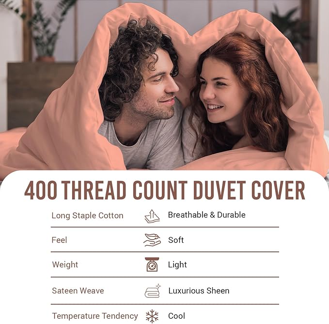 Pizuna Pure 100% Cotton King Duvet Cover Set, Luxurious 400 Thread Count Long Staple Cotton Sateen Weave with Button Closure (Combed Coral Pink Cotton Duvet Cover King)