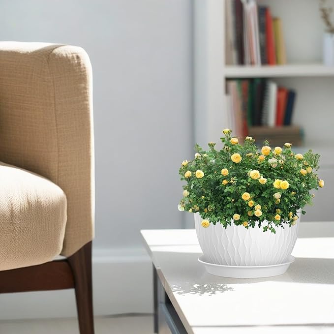 12/10/9 Inch Plant Pots, 3 Pack Large Flower Pots for Indoor and Outdoor Plants with Water Ripples, Large Plastic Flower Pots with Drainage Holes and Tray for Garden Indoor Plants,White