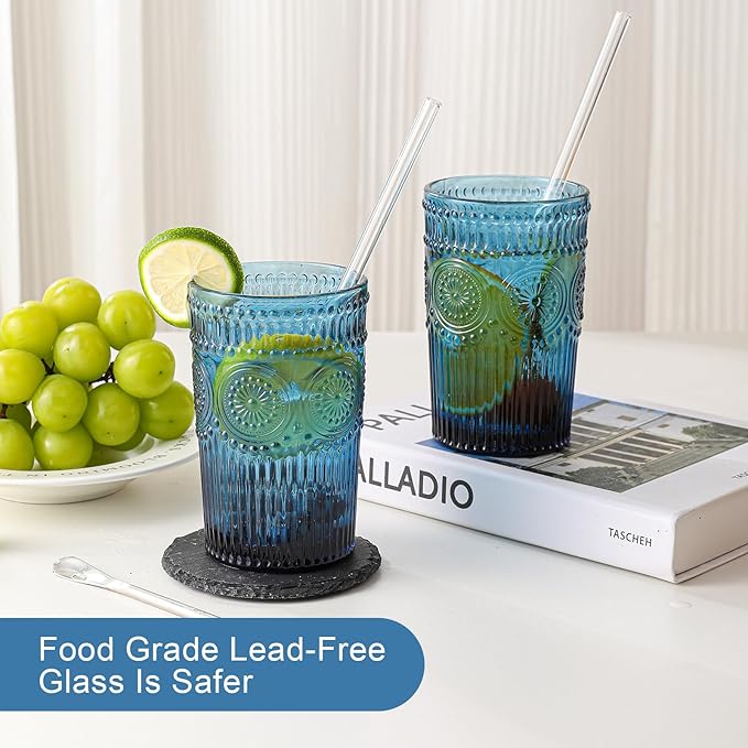 Vintage Glassware Drinking Glasses Set of 6,13 oz Blue Textured Flower Design Glass Water Tumblers,Embossed Striped Drinkware for Water,Cocktails,Juice,Iced Coffee