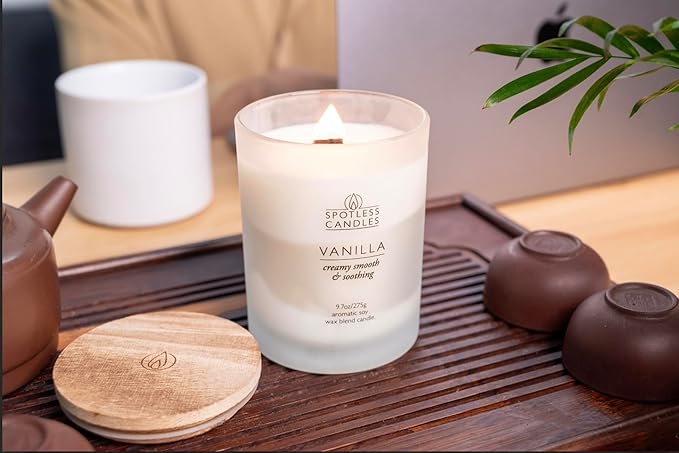Vanilla Candle - 9.7 oz /275g Vanilla Scented Candle in Cream Frosted Glass Jar with Wooden Lid and Wooden Crackling Wick in a Luxurious Gift Box - Creamy, Smooth and Soothing