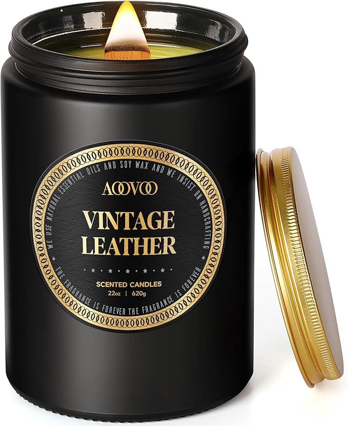 AOOVOO Scented Candles for Men - Large 22oz 120 Hours of Burn Time, Vintage Leather Candles for Home Scented | Crackling Wood Wick Soy Candle | Strong Fragranced Black Candle Gift for Women & Men