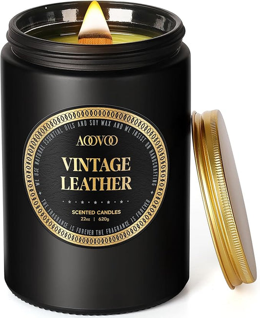 AOOVOO Scented Candles for Men - Large 22oz 120 Hours of Burn Time, Vintage Leather Candles for Home Scented | Crackling Wood Wick Soy Candle | Strong Fragranced Black Candle Gift for Women & Men